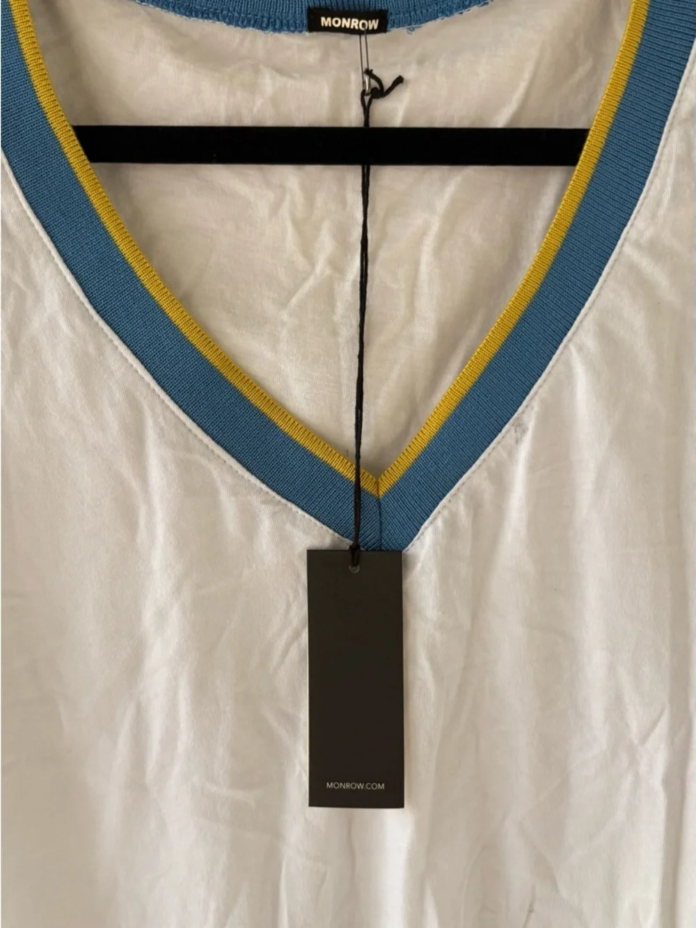 Monrow White V-Neck Tank with Blue and Yellow Trim - Picture 2 of 4